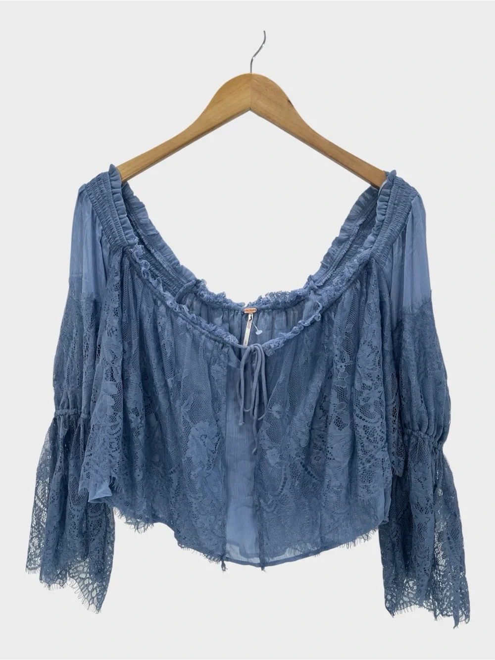 Free People Fairy Girl Lace Blouse Ethereal Blue Boho Romantic Bell Sleeve S